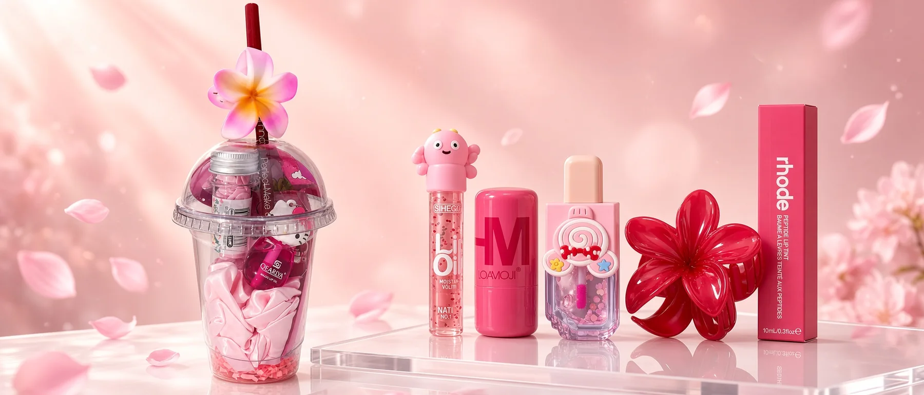 Lip oils, tints, a claw clip and a Beauty Surprise Cup from Trendiest Store, arranged on a blush pink set