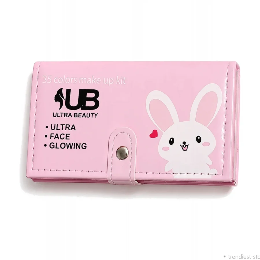 A pink faux-leather wallet makeup organizer with a cute white bunny graphic and text reading 35 colours make up kit.
