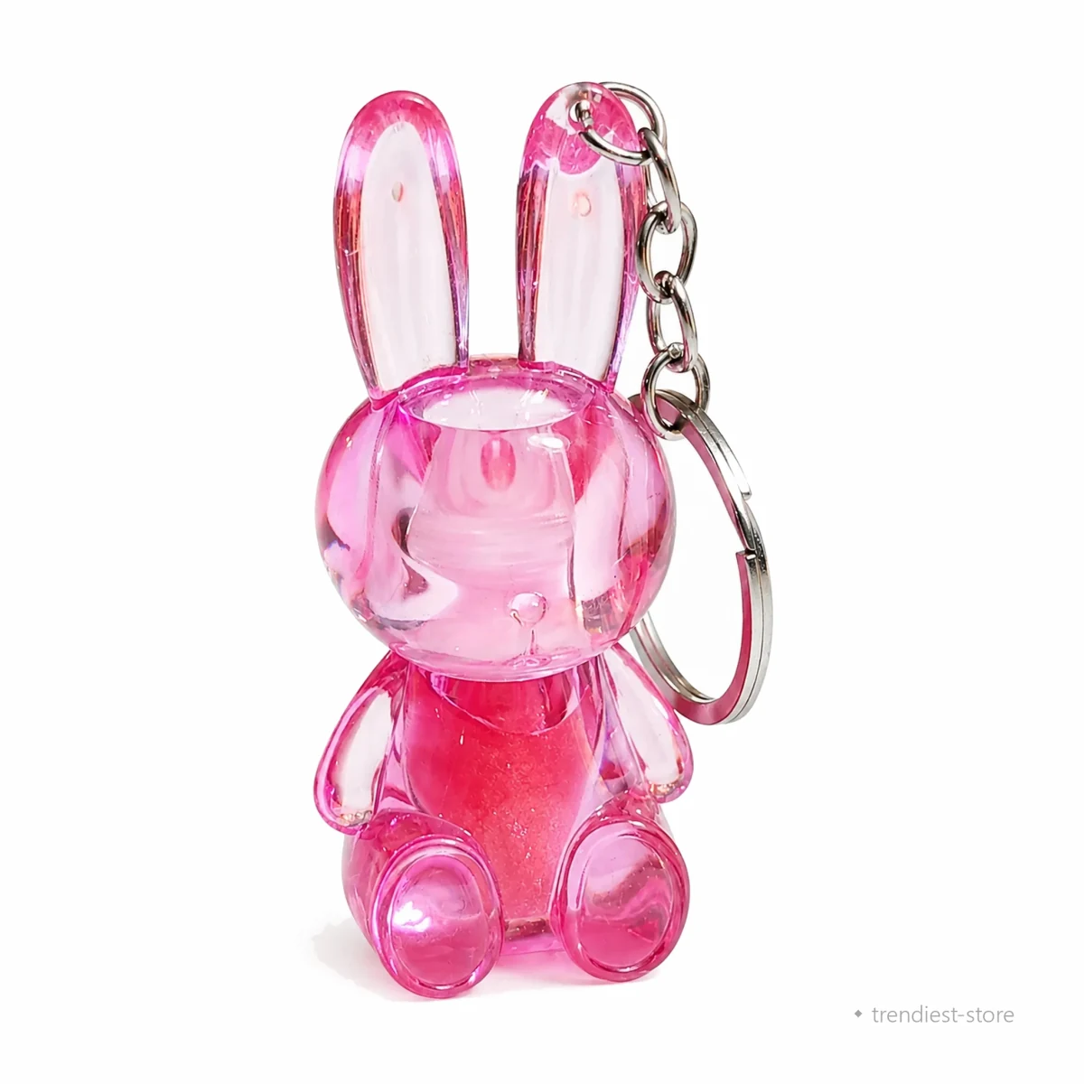 Pink transparent bunny lip gloss keychain with glitter gloss and metal keyring - Trendiest Store