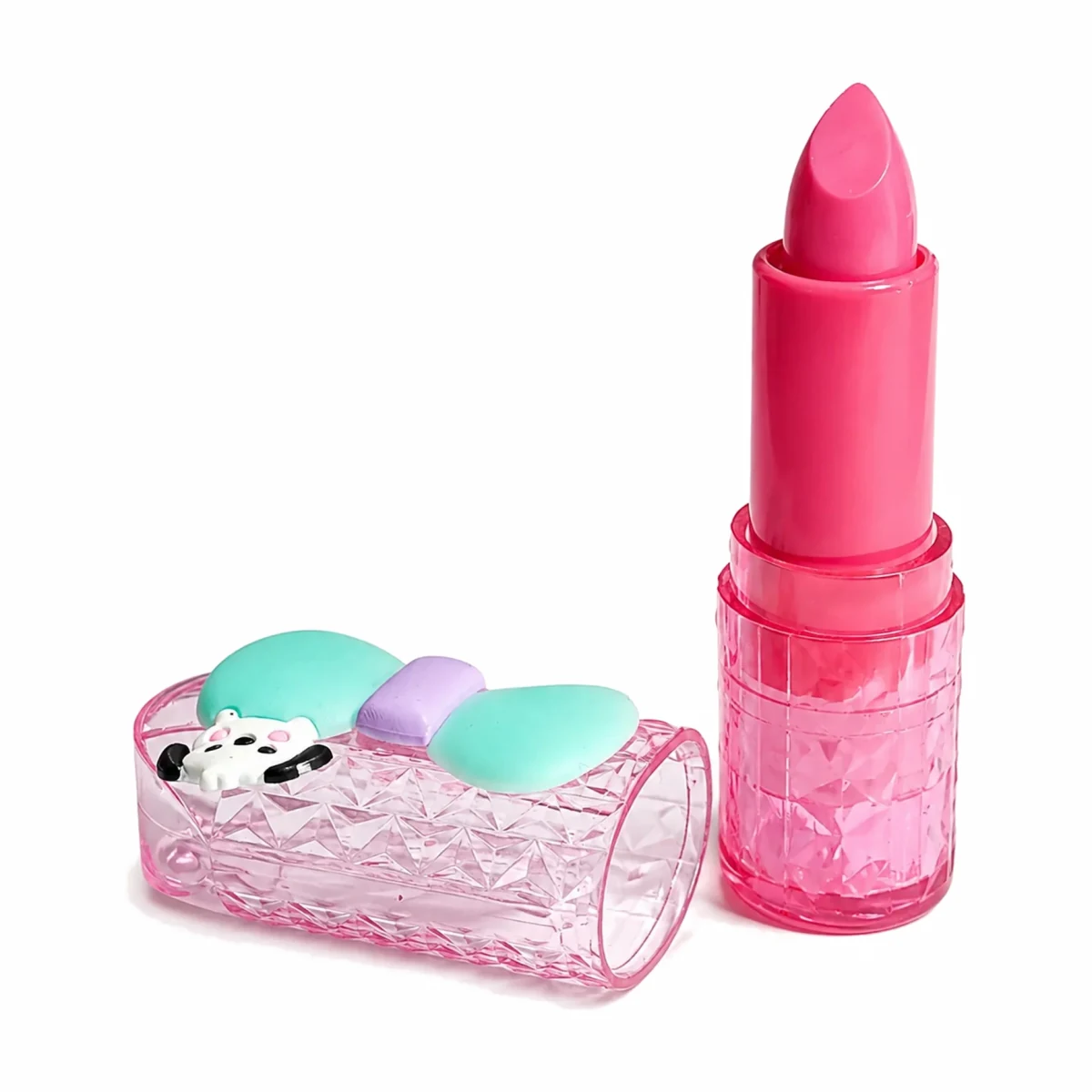 Pink lipstick in faceted crystal case with mint bow and 3D cat charm on cap - Trendiest Store
