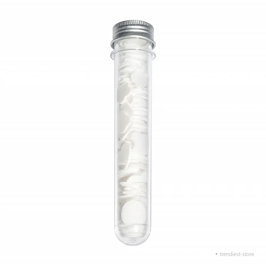 A clear glass or plastic vial with a silver metal screw cap, filled with many small white round discs, shown on a plain white background.
