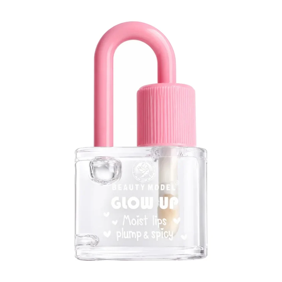 A clear plastic lip gloss bottle with a bright pink cap and matching pink loop handle, containing a pale pink gloss. The bottle is printed with the text 'GLOW UP Moist lips plump & spicy'.