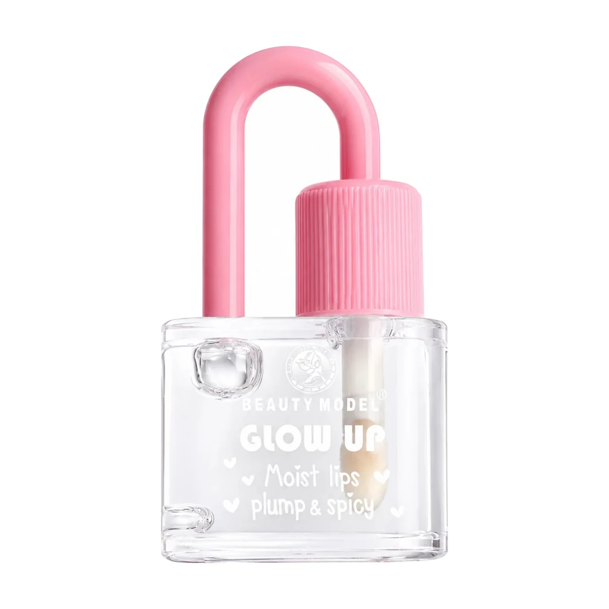 A clear plastic lip gloss bottle with a bright pink cap and matching pink loop handle, containing a pale pink gloss. The bottle is printed with the text 'GLOW UP Moist lips plump & spicy'.
