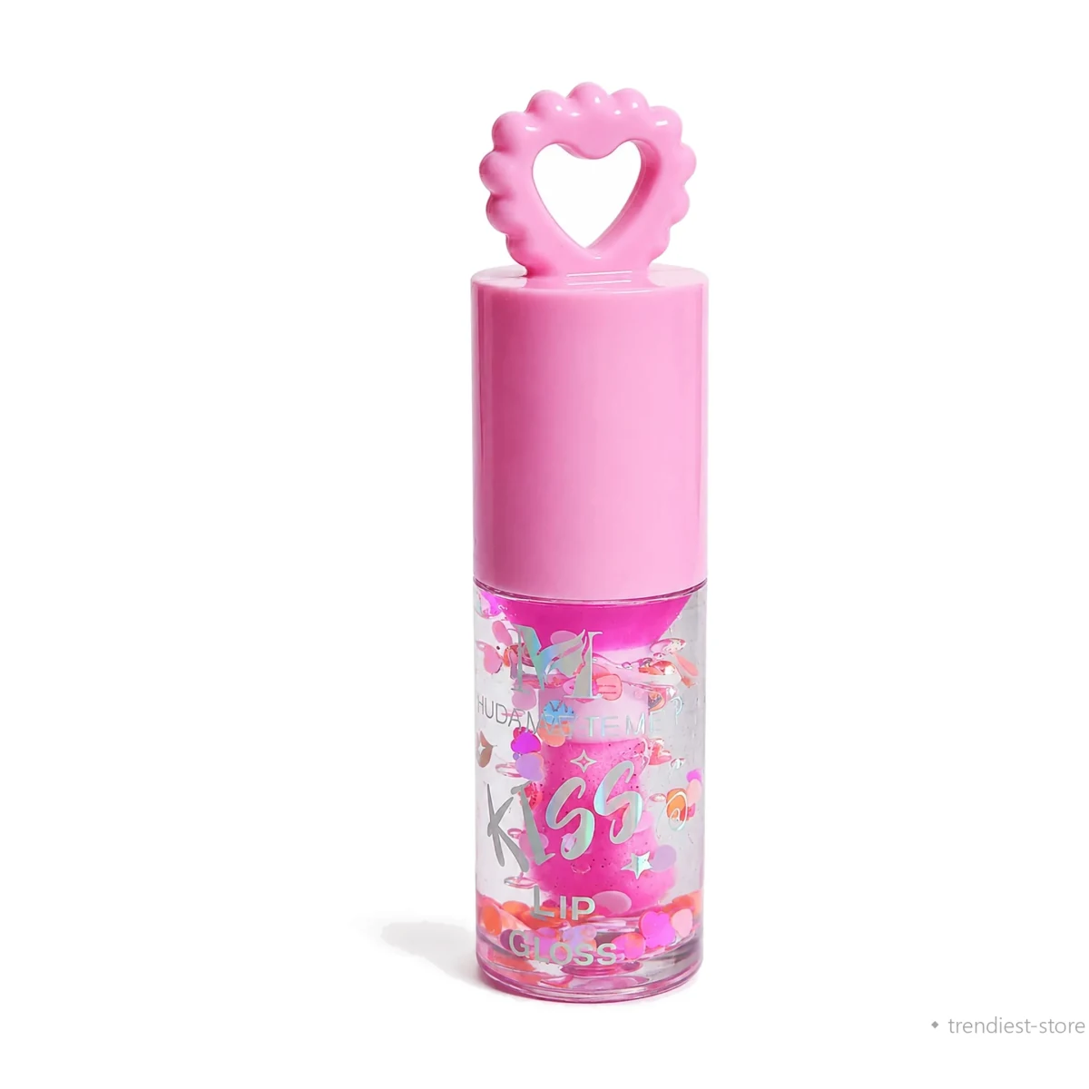 Pink lip gloss bottle with a heart-shaped handle on the cap, featuring a clear lower section filled with pink glitter and holographic lettering, set against a plain white background.