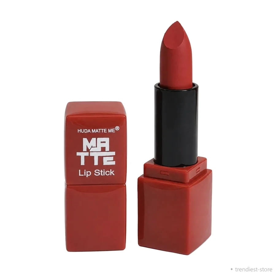 A red matte lipstick shown open beside its matching red cap on a white background, the bullet a deep brick red.