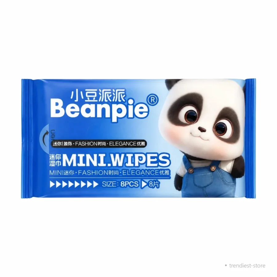 Mini wipes packet featuring a cute cartoon panda character on a bright blue background, with Chinese and English text indicating 8 pieces.