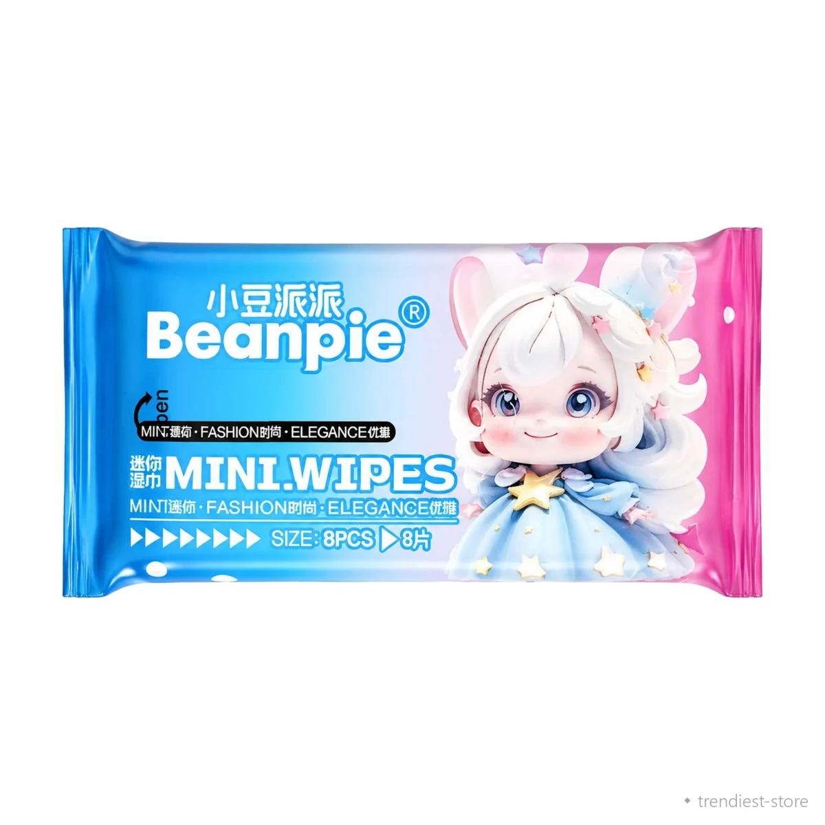Mini Wipes packaging featuring a cute cartoon character with white hair and a blue dress, set against a blue and pink gradient background.
