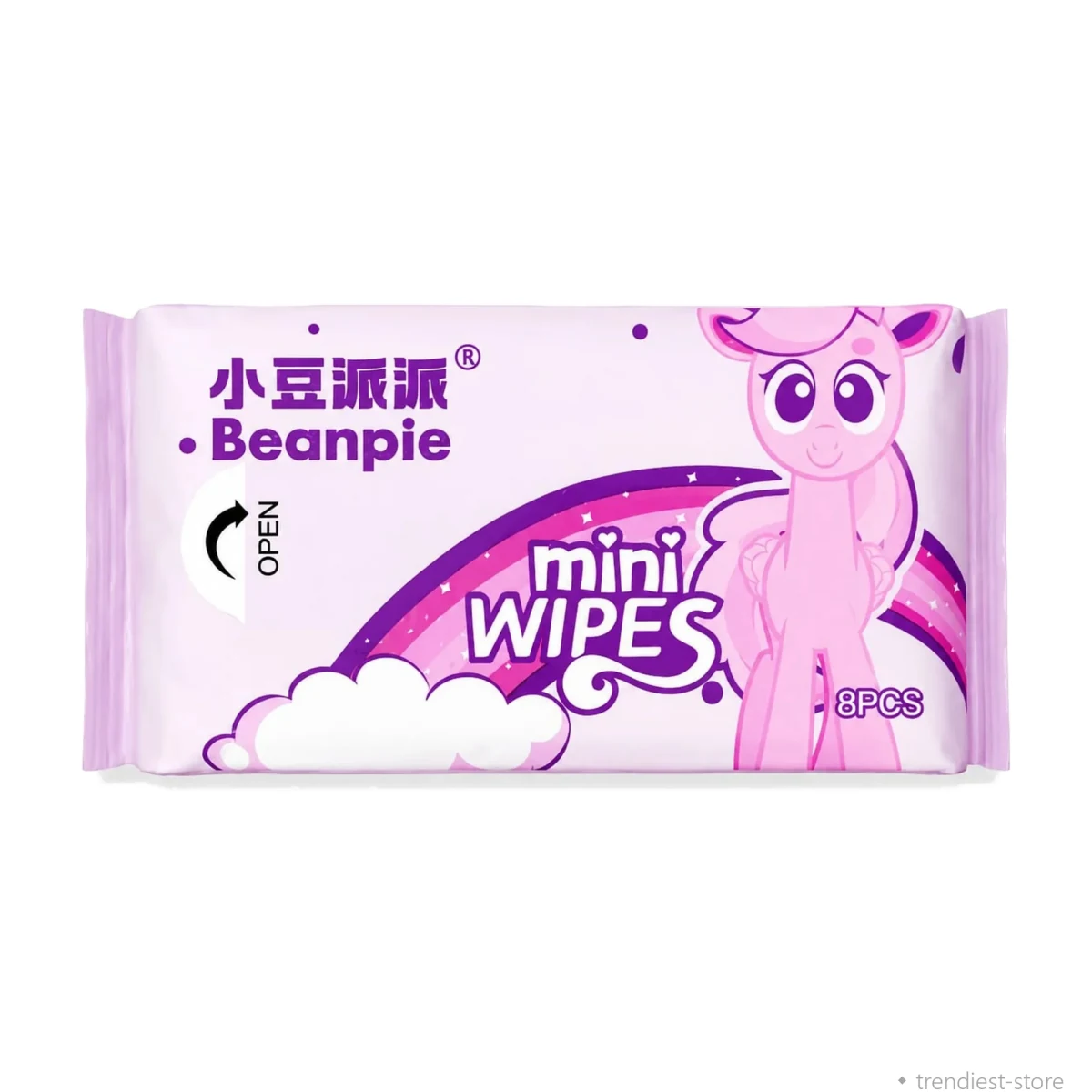 A package of mini wipes, featuring a light pink background with a cartoon pony character, purple text, and a purple rainbow graphic on a white background.