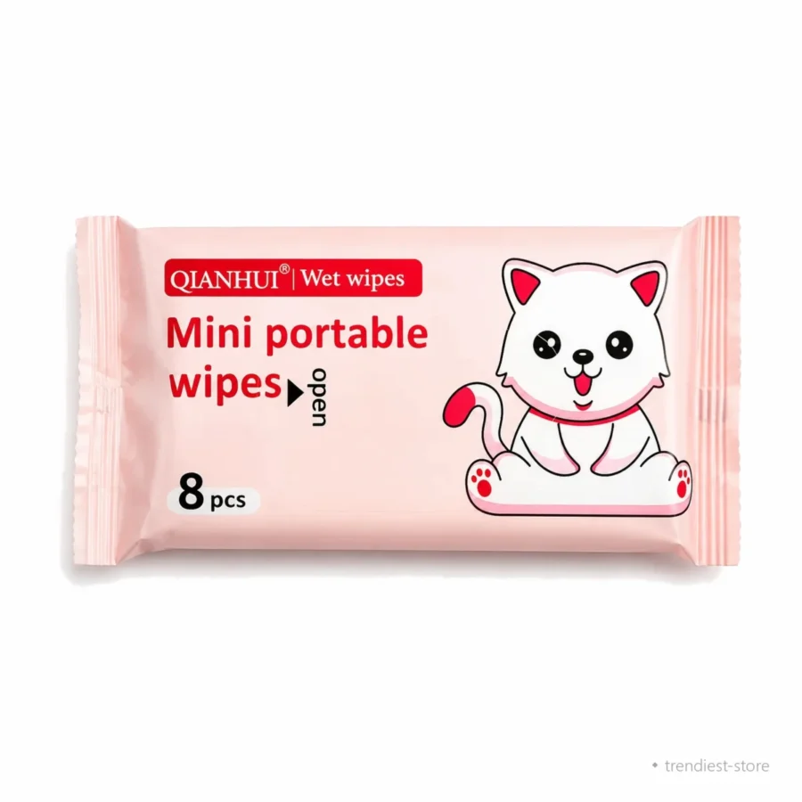 A pack of Mini portable wet wipes, 8 pieces, in a light pink wrapper featuring a cartoon white cat illustration.