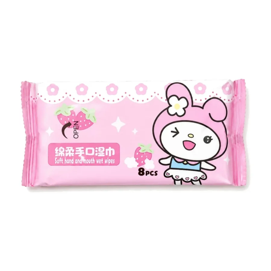 A pack of soft hand and mouth wet wipes in a pink wrapper, containing 8 pieces, shown on a plain white background.