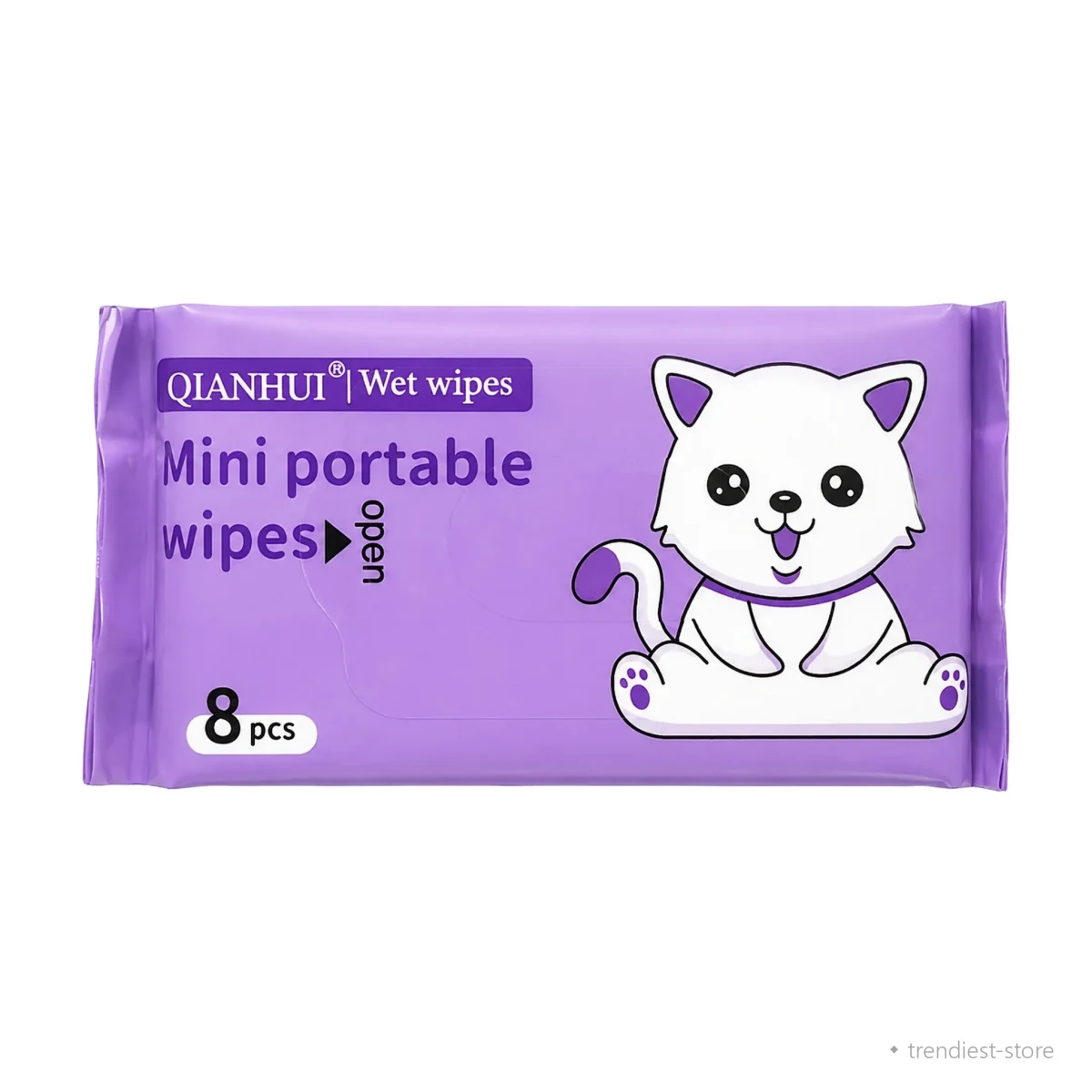A package of Mini portable wet wipes, containing 8 pieces. The packaging is purple with a cartoon illustration of a white cat wearing a purple collar, set against a plain white background.