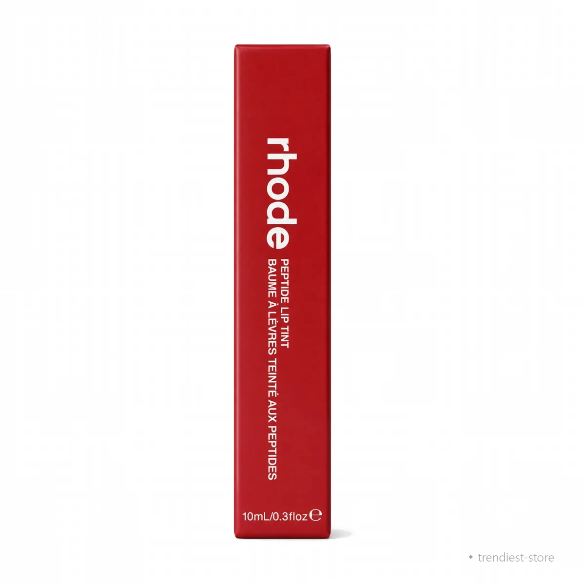 A tall, narrow red rectangular box for the peptide lip balm, shown upright against a clean white background.