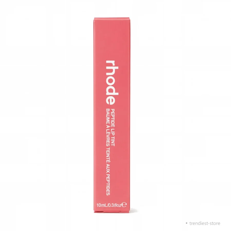 A tall, narrow pink product box standing upright on a white background, with white vertical text describing the peptide lip tint.