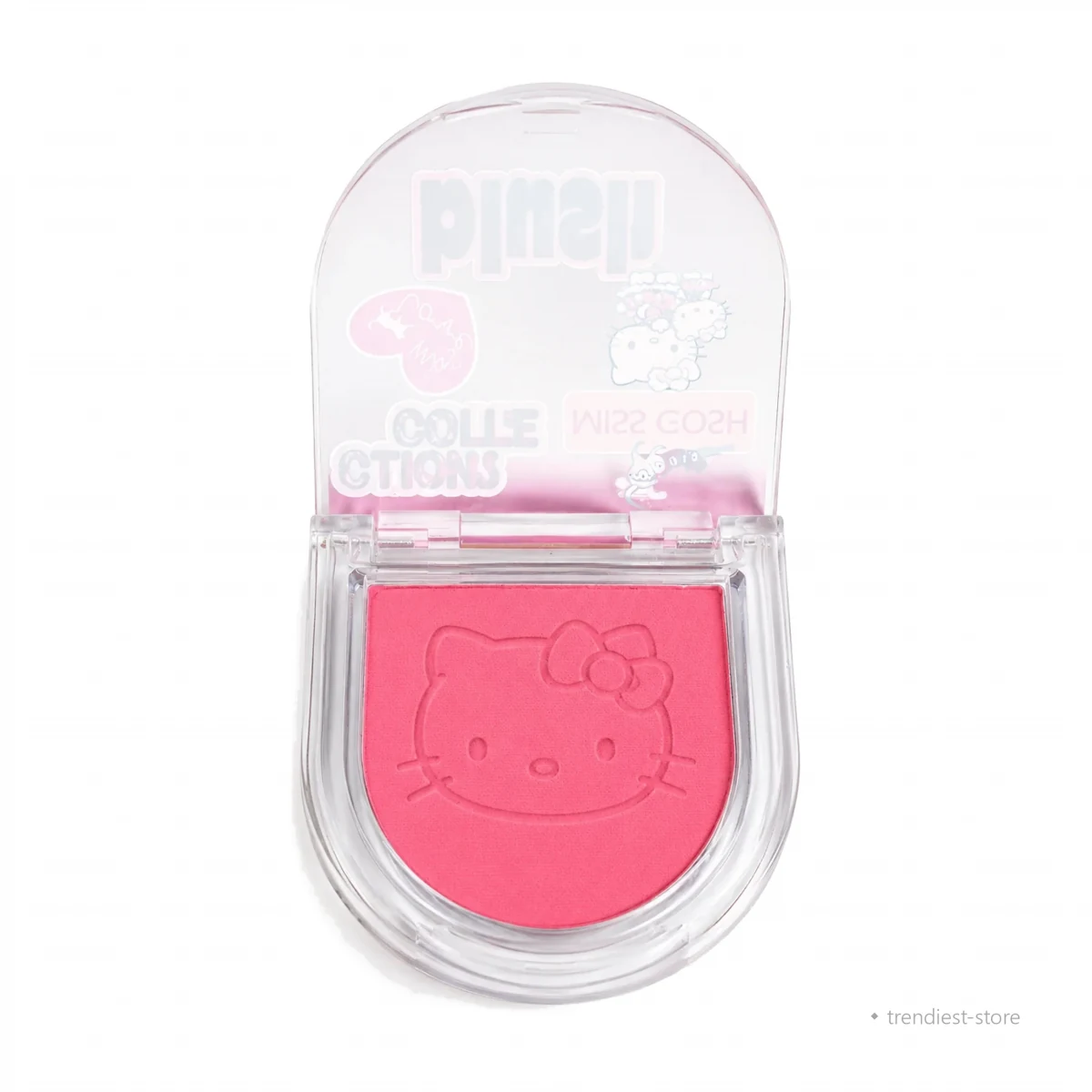 (powder-blush-compact-pink-open-trendiest-store.webp): Pink powder blush compact open showing embossed cat powder pan - Trendiest Store