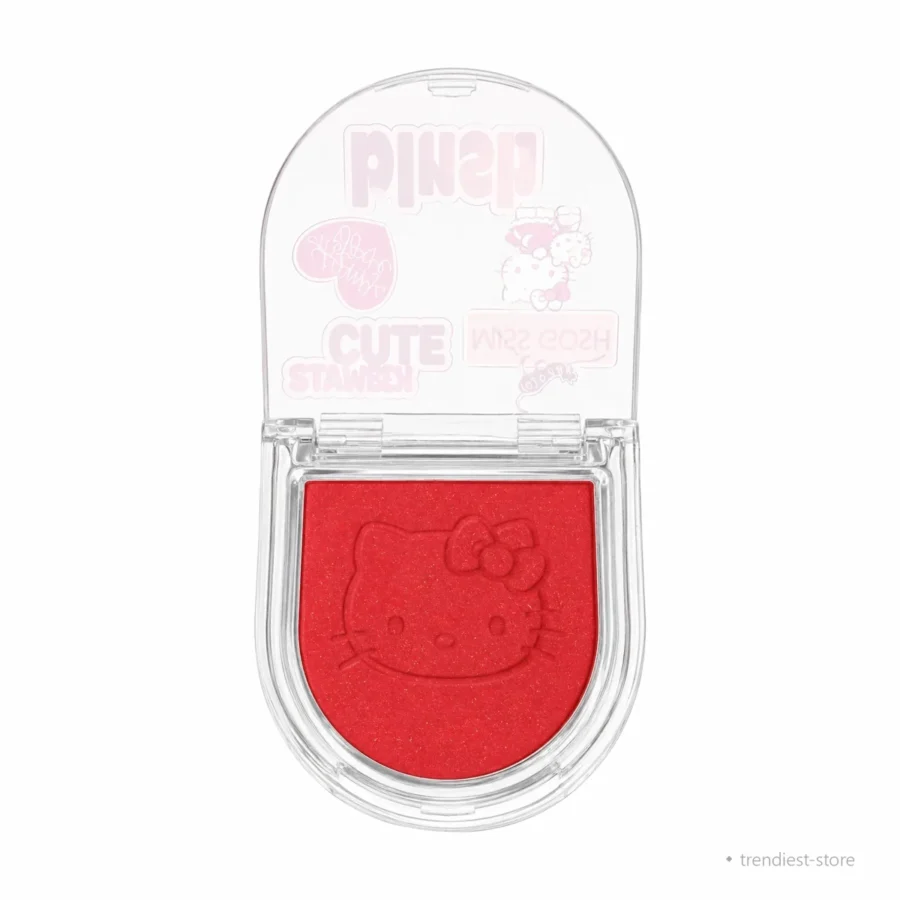 (powder-blush-compact-red-open-trendiest-store.webp): Red shimmer blush open with embossed cat design - Trendiest Store