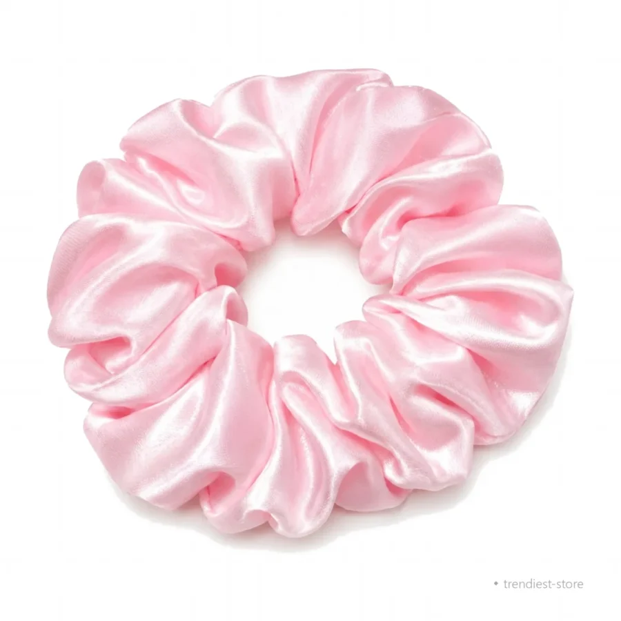 (satin-scrunchie-pink-trendiest-store.webp): Pink satin silk scrunchie hair tie for buns and braids - Trendiest Store