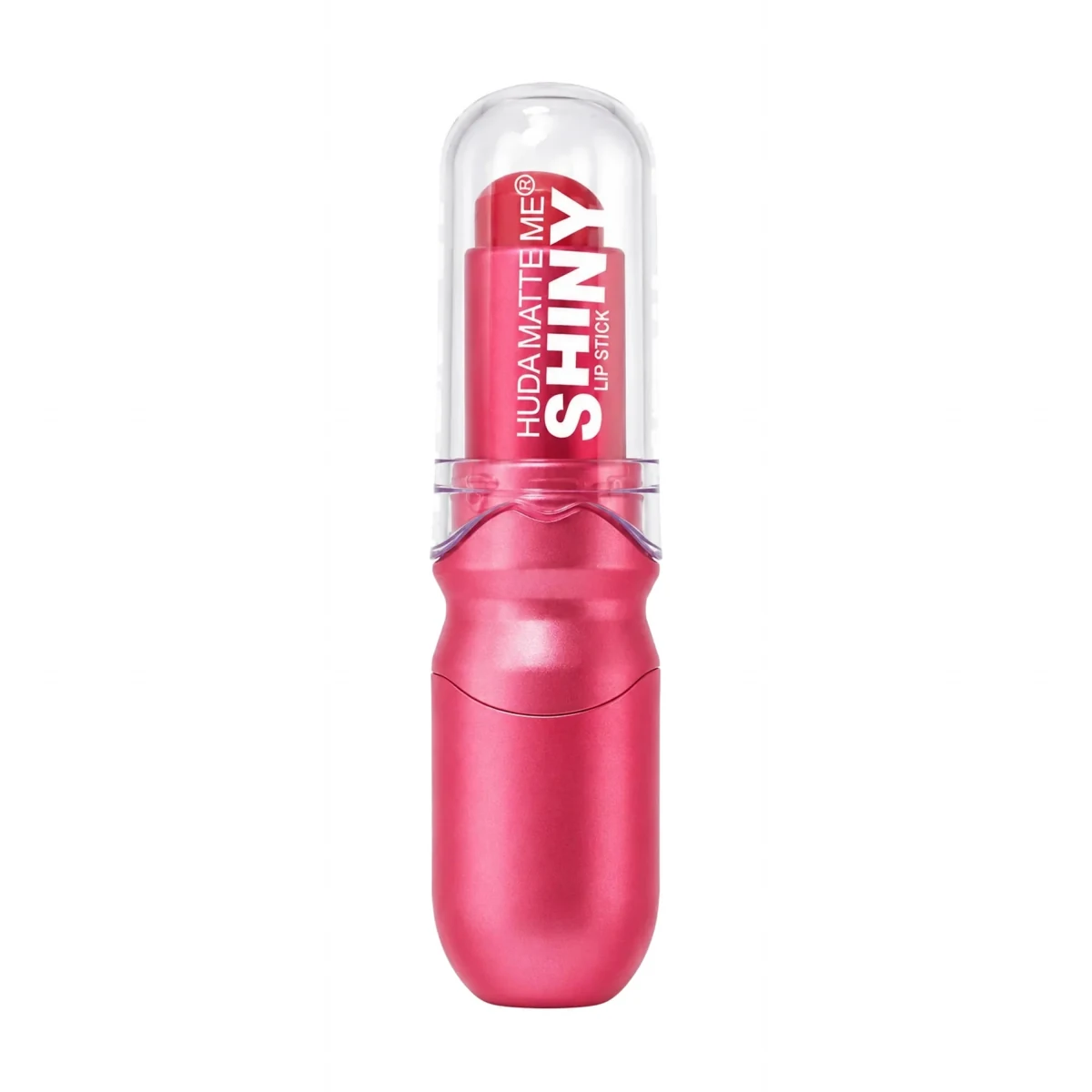 A shiny jelly lipstick in a metallic pink capsule-style tube with a clear cap, shown on a plain white background.