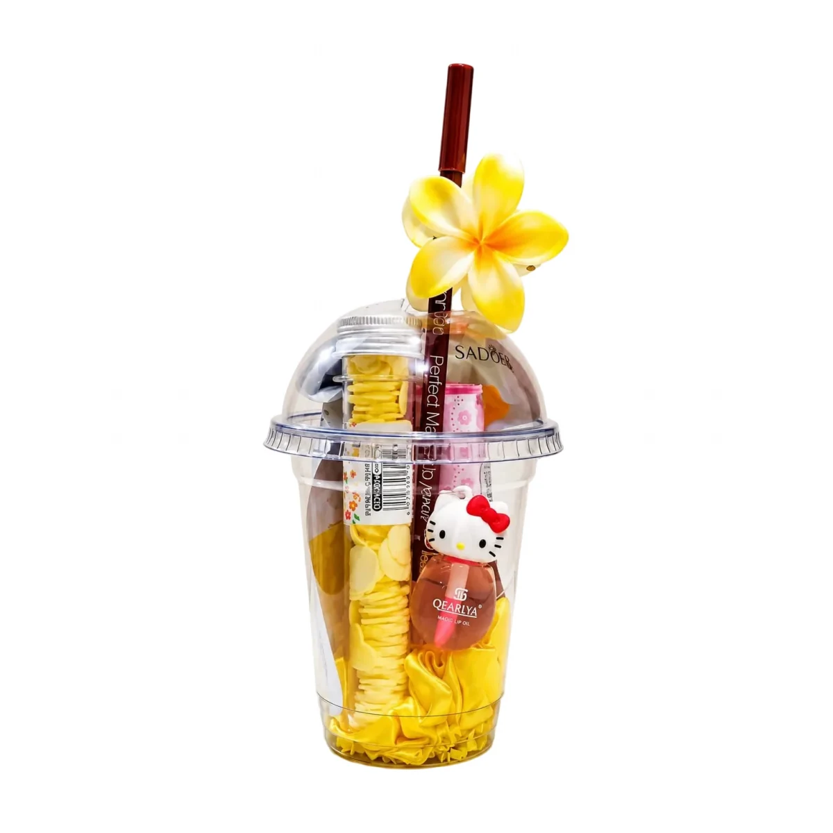 Butter Yellow Beauty Cup — a clear cup packed with cosmetics, ready to gift