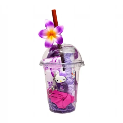 Lilac Purple Beauty Cup — a clear cup packed with cosmetics, ready to gift