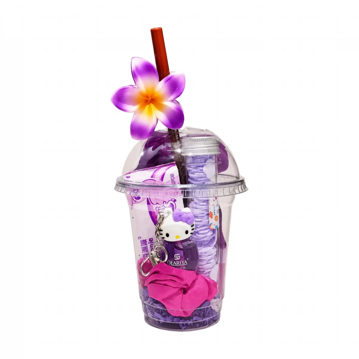 Lilac Purple Beauty Cup — a clear cup packed with cosmetics, ready to gift