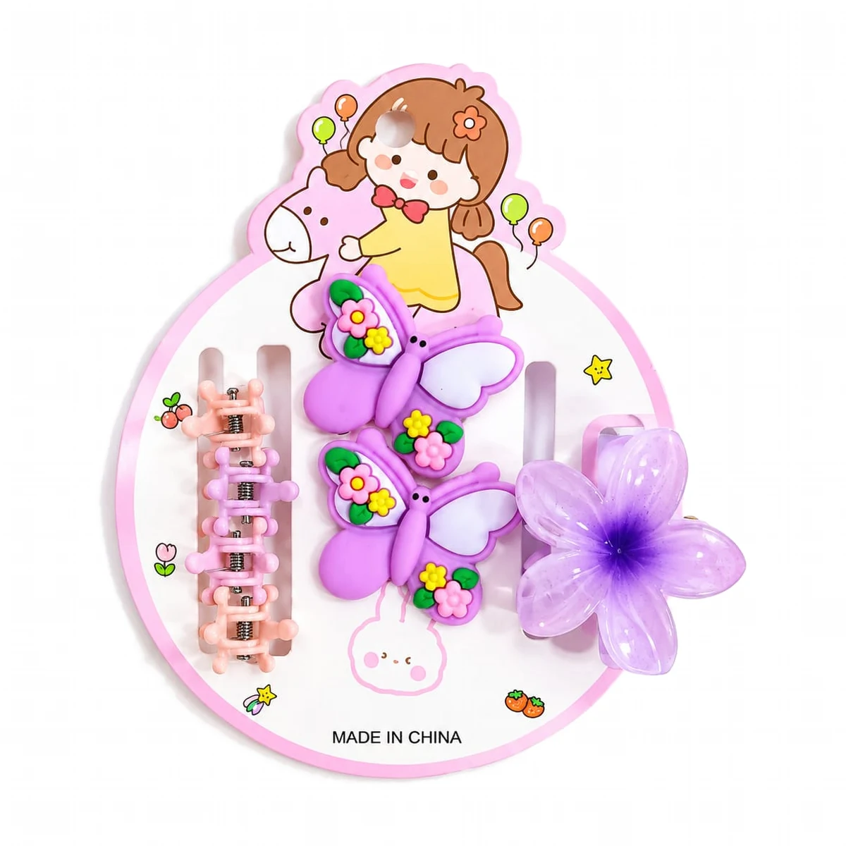 Lilac hair clip set with claw clip, two butterfly snap clips and a purple flower claw