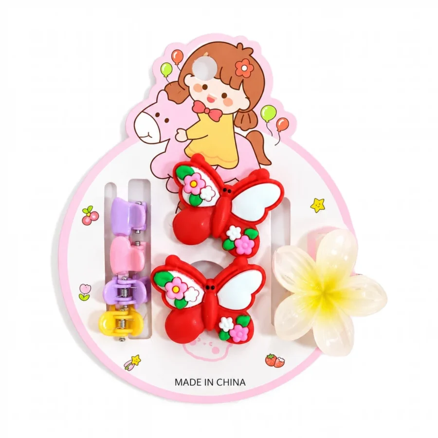 Red hair clip set with claw clip, two butterfly snap clips and a cream flower claw