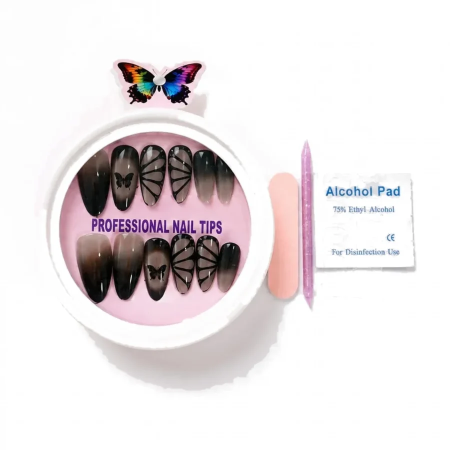 Black butterfly wing press on nails in a round case with butterfly tab