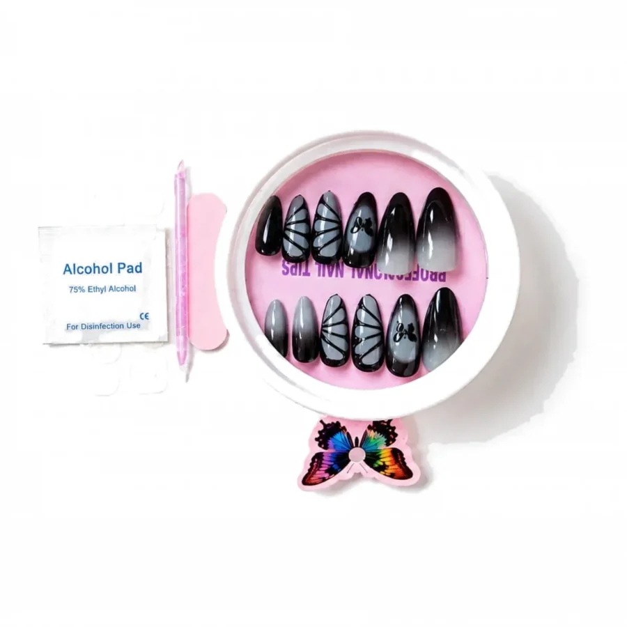 Charcoal butterfly wing press on nails with alcohol pad and adhesive tabs