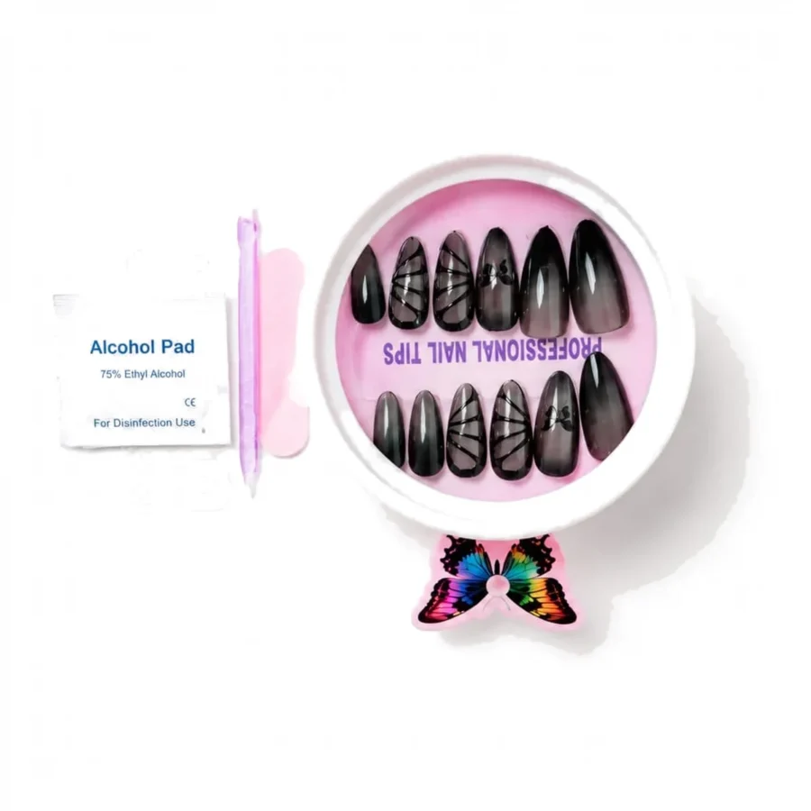 Butterfly press on nails kit with round case, alcohol pad, nail file and adhesive tabs
