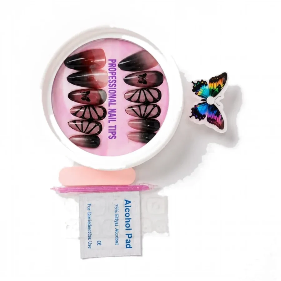 Plum butterfly wing press on nails with alcohol pad and nail file