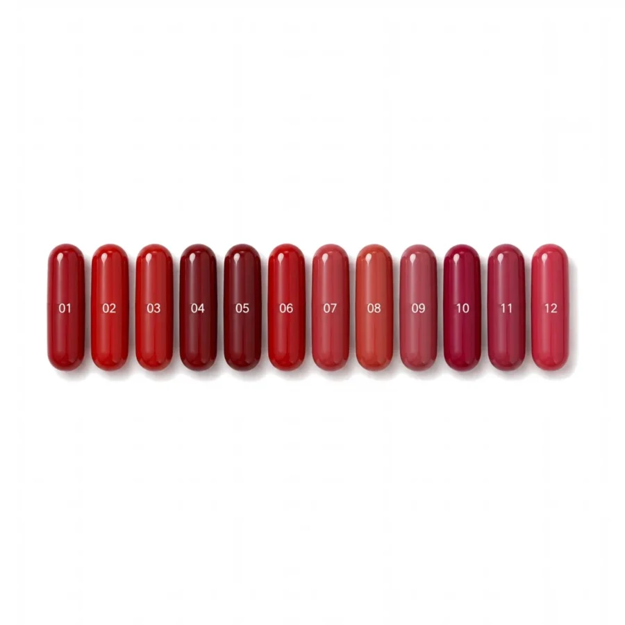 Twelve capsule lipsticks numbered 01 to 12 in reds, nudes and berries
