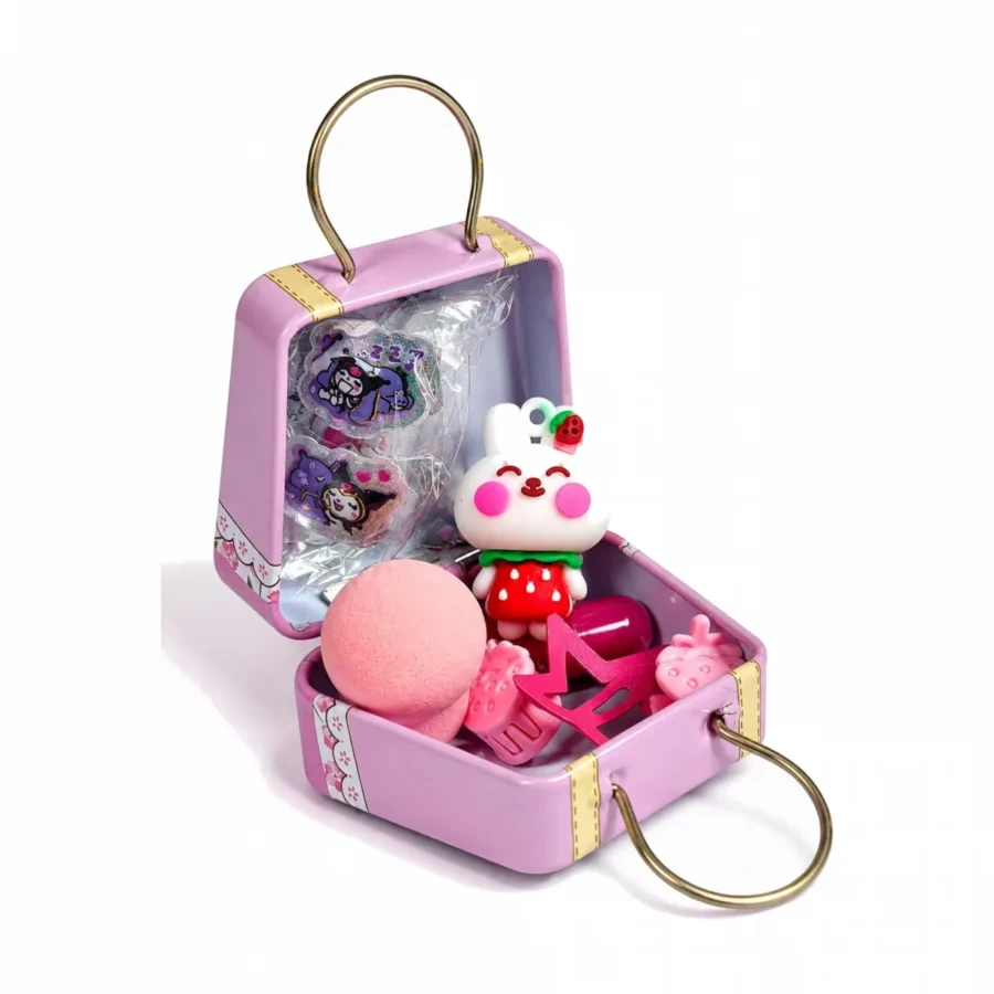 mystery box opened to reveal a bunny lip balm, beauty blender, hair clips and stickers