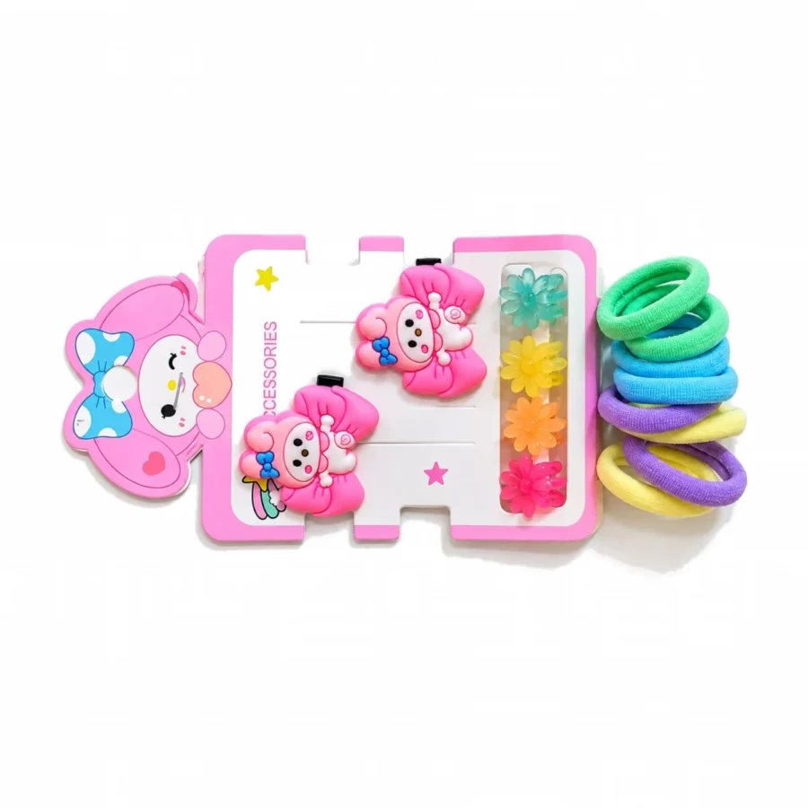 Cartoon character snap clips with mini flower claw clips and hair ties