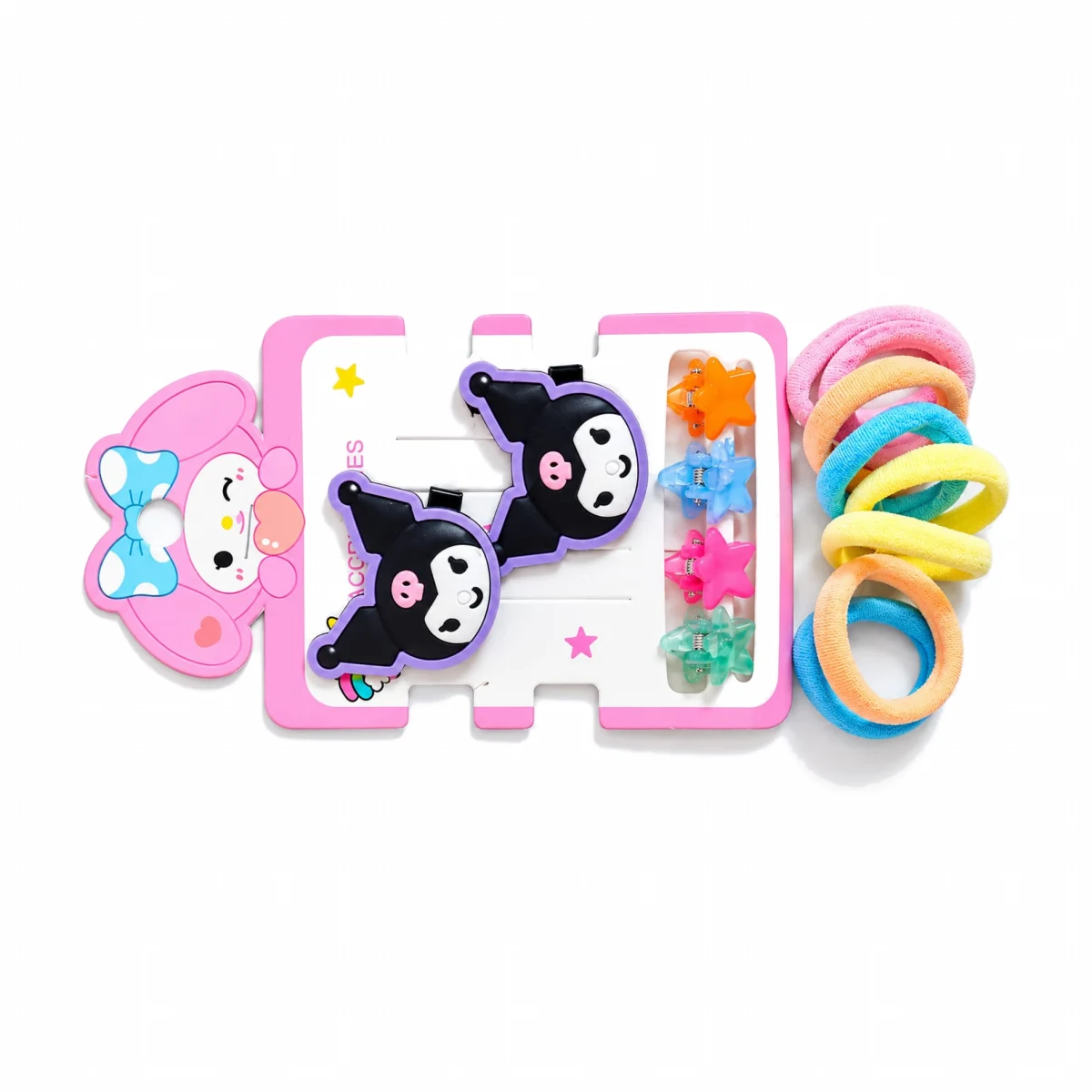 Cartoon character snap clips with mini star claw clips and pastel hair ties