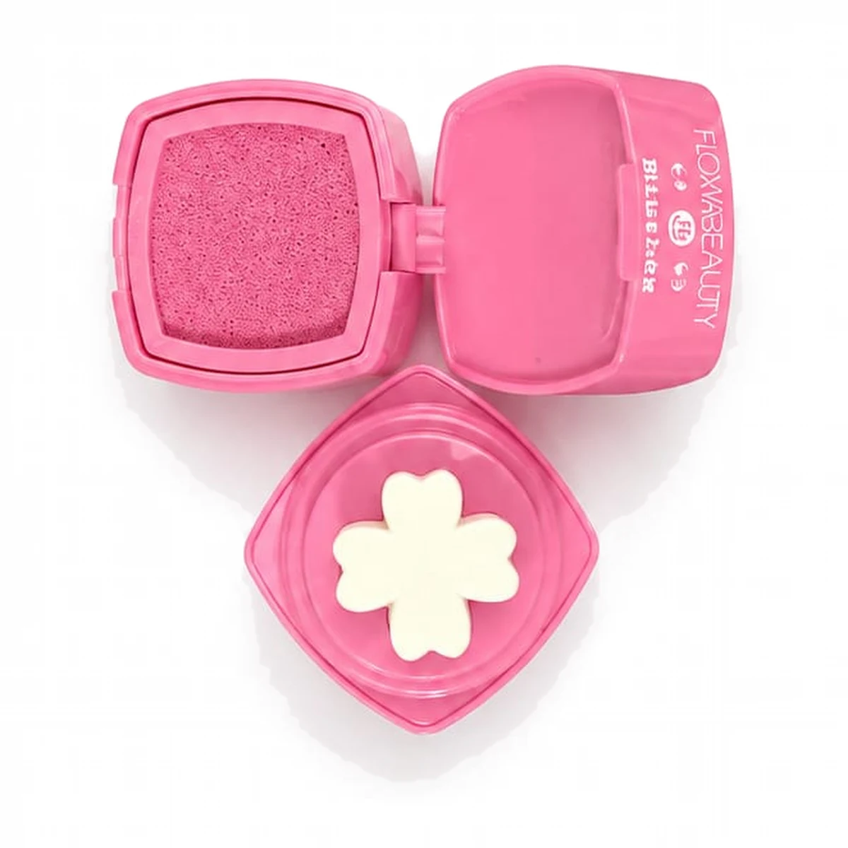 cushion blusher compact in baby pink, open with flower puff