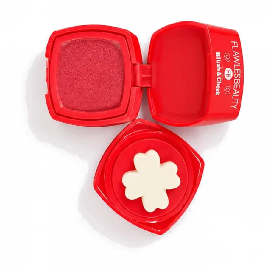 cushion blusher compact in red, open with flower puff