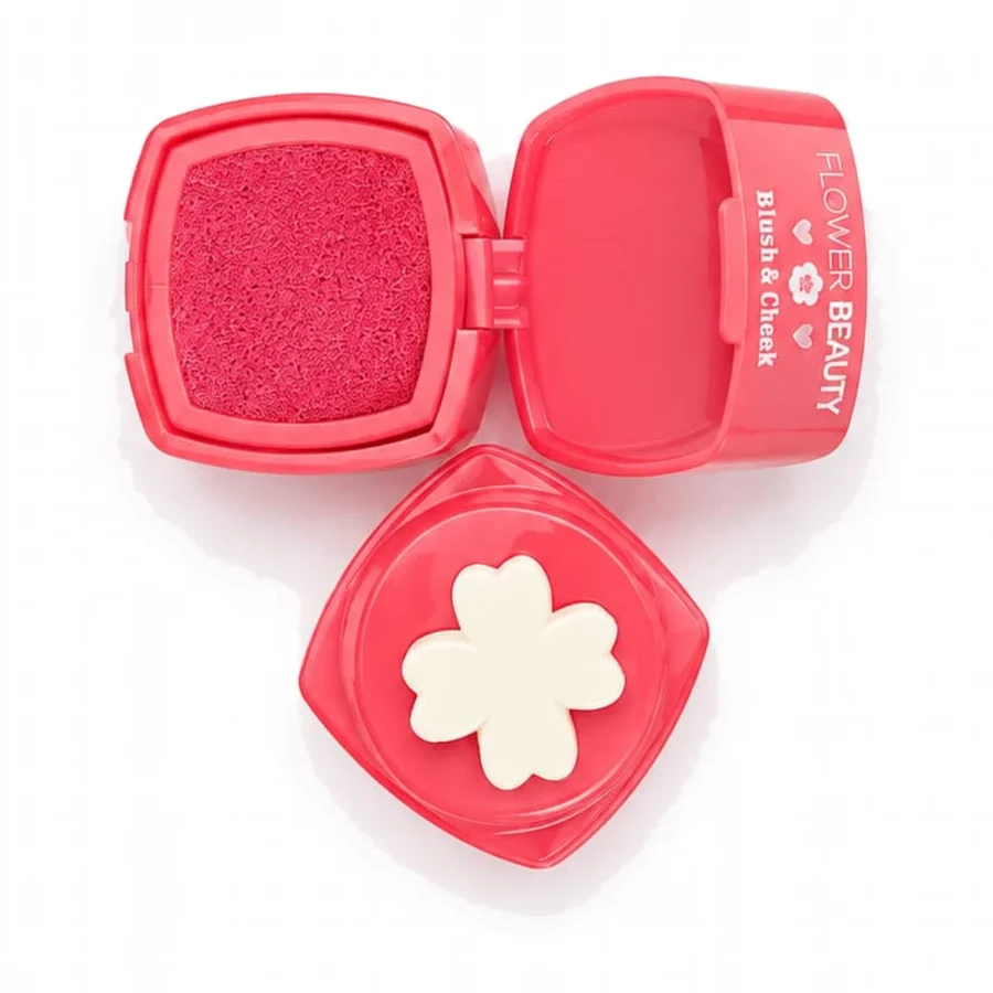 cushion blusher compact in coral rose, open with flower puff