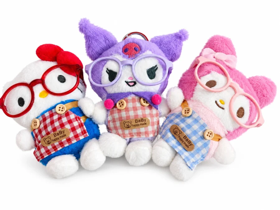 White Kitty Plush Keychain – Bag Charm with Red Glasses & Gingham Dungarees