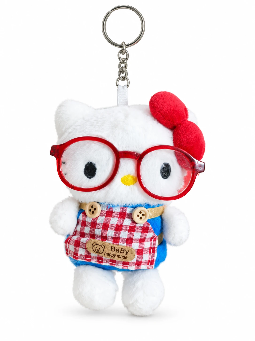 White Kitty Plush Keychain – Bag Charm with Red Glasses & Gingham Dungarees