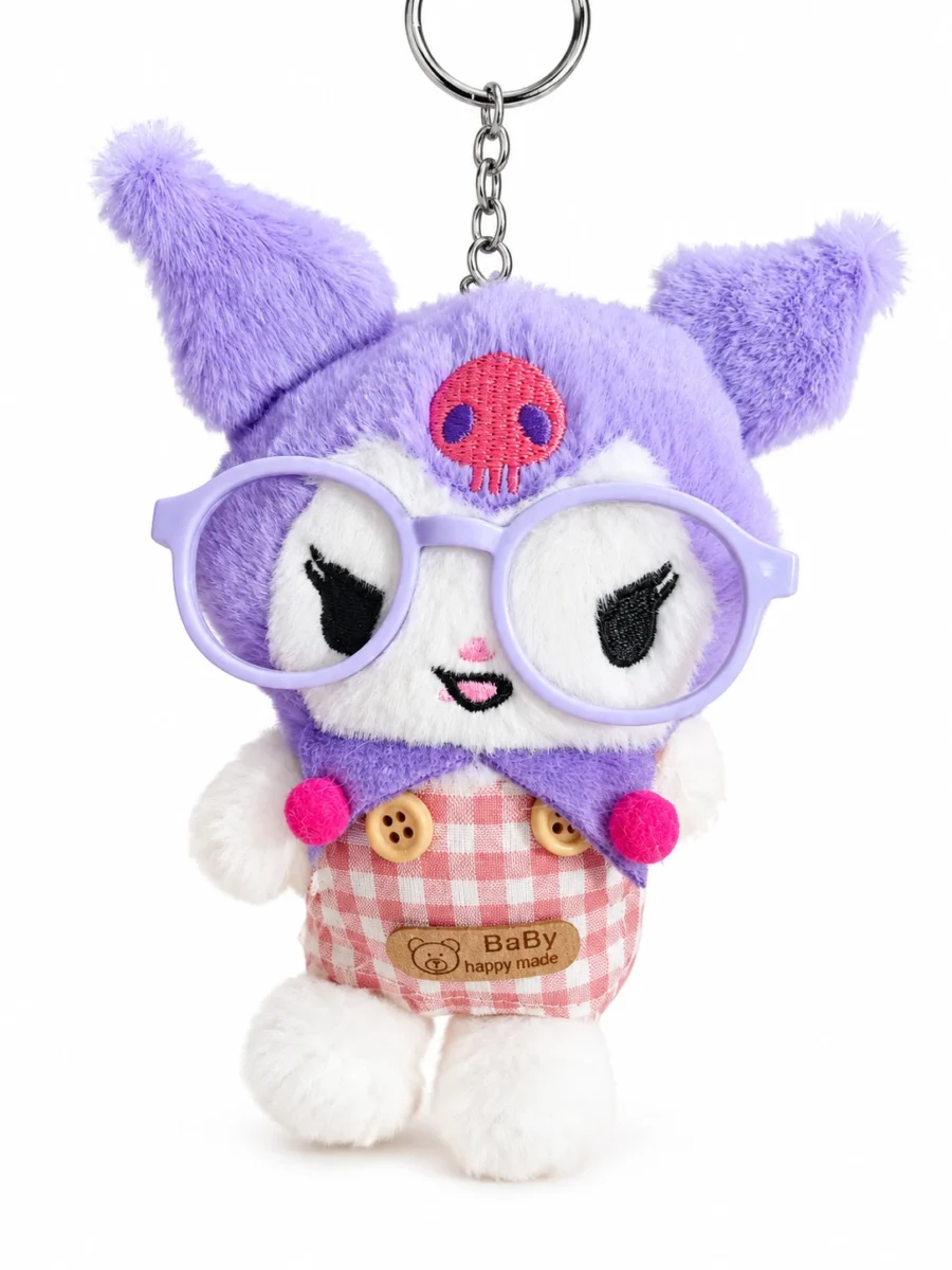 Purple Jester Bunny Plush Keychain – Bag Charm with Lilac Glasses & Gingham Dungarees