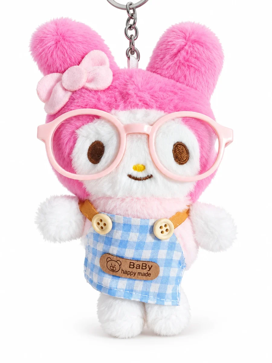 Pink Bunny Plush Keychain – Bag Charm with Pink Glasses & Gingham Dungarees
