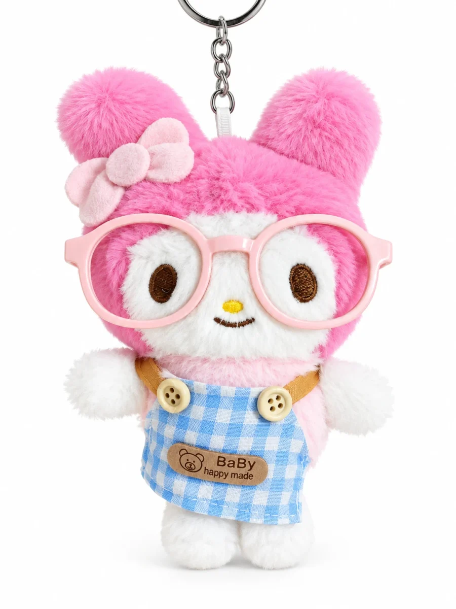 Pink Bunny Plush Keychain – Bag Charm with Pink Glasses & Gingham Dungarees