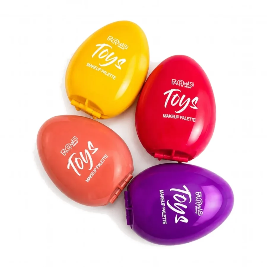 Egg makeup palettes closed in yellow, red, coral and purple egg cases