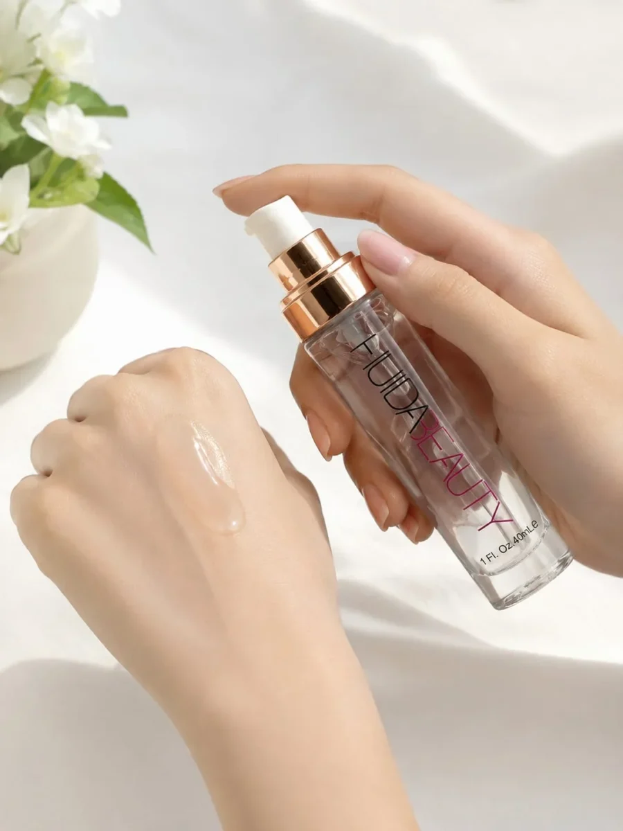 Clear gel texture of face primer swatched on the back of a hand