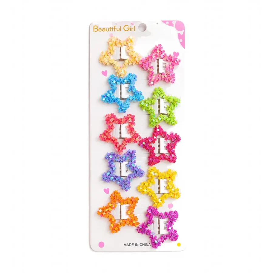 Card of ten glitter star snap hair clips in ten different colours