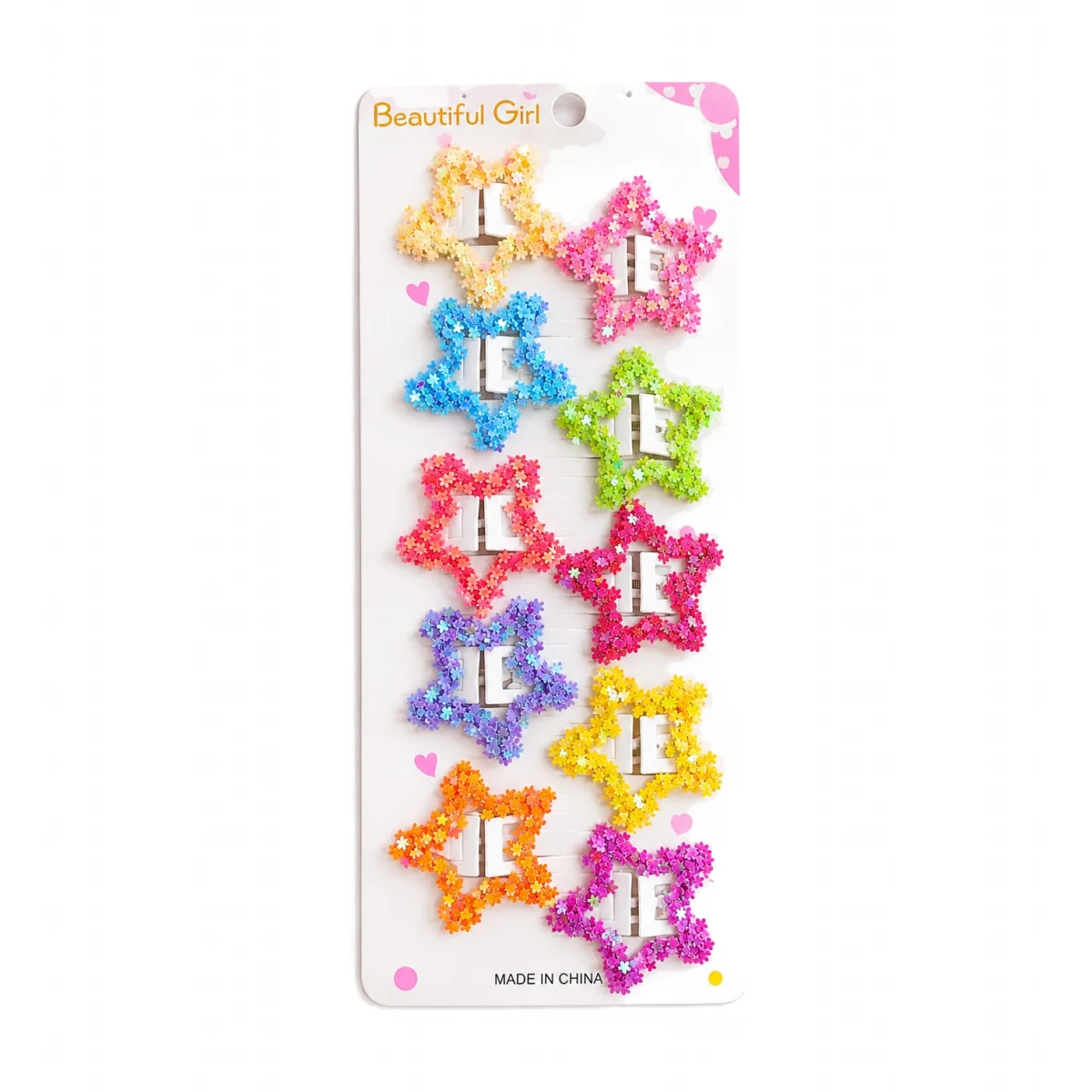 Card of ten glitter star snap hair clips in ten different colours