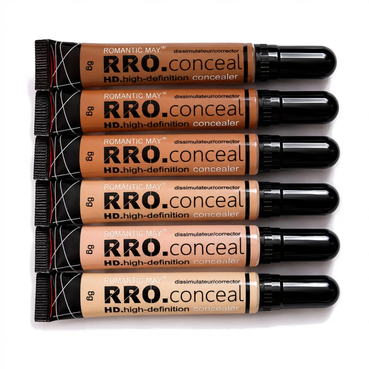 Six shades of HD concealer tubes lined up