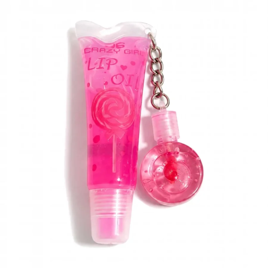 Lollipop lip oil in hot pink shade with keychain charm