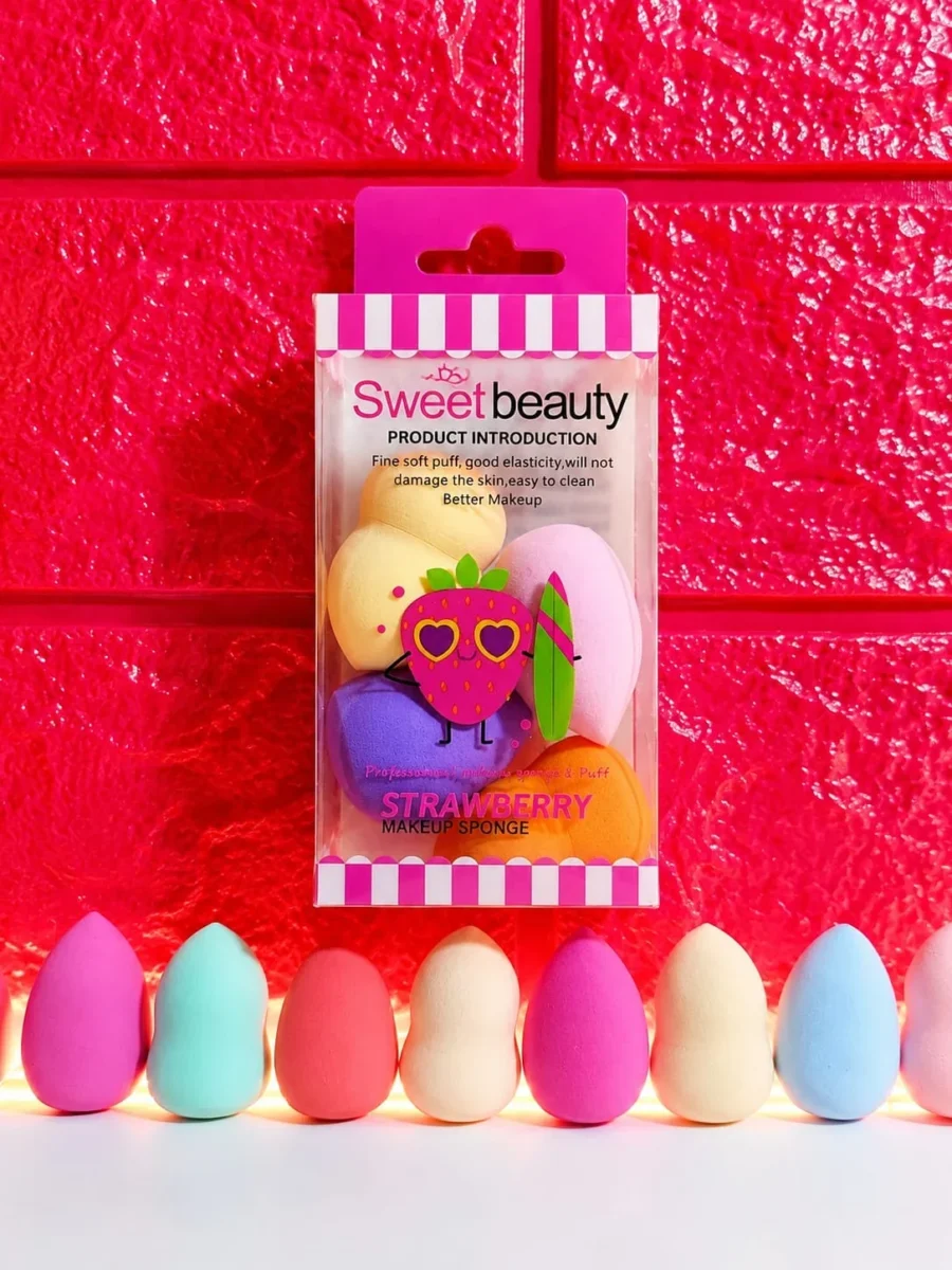 Strawberry makeup sponge pack with a row of blender sponges