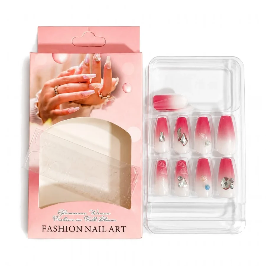 Press-on nails in pink ombre with rhinestones